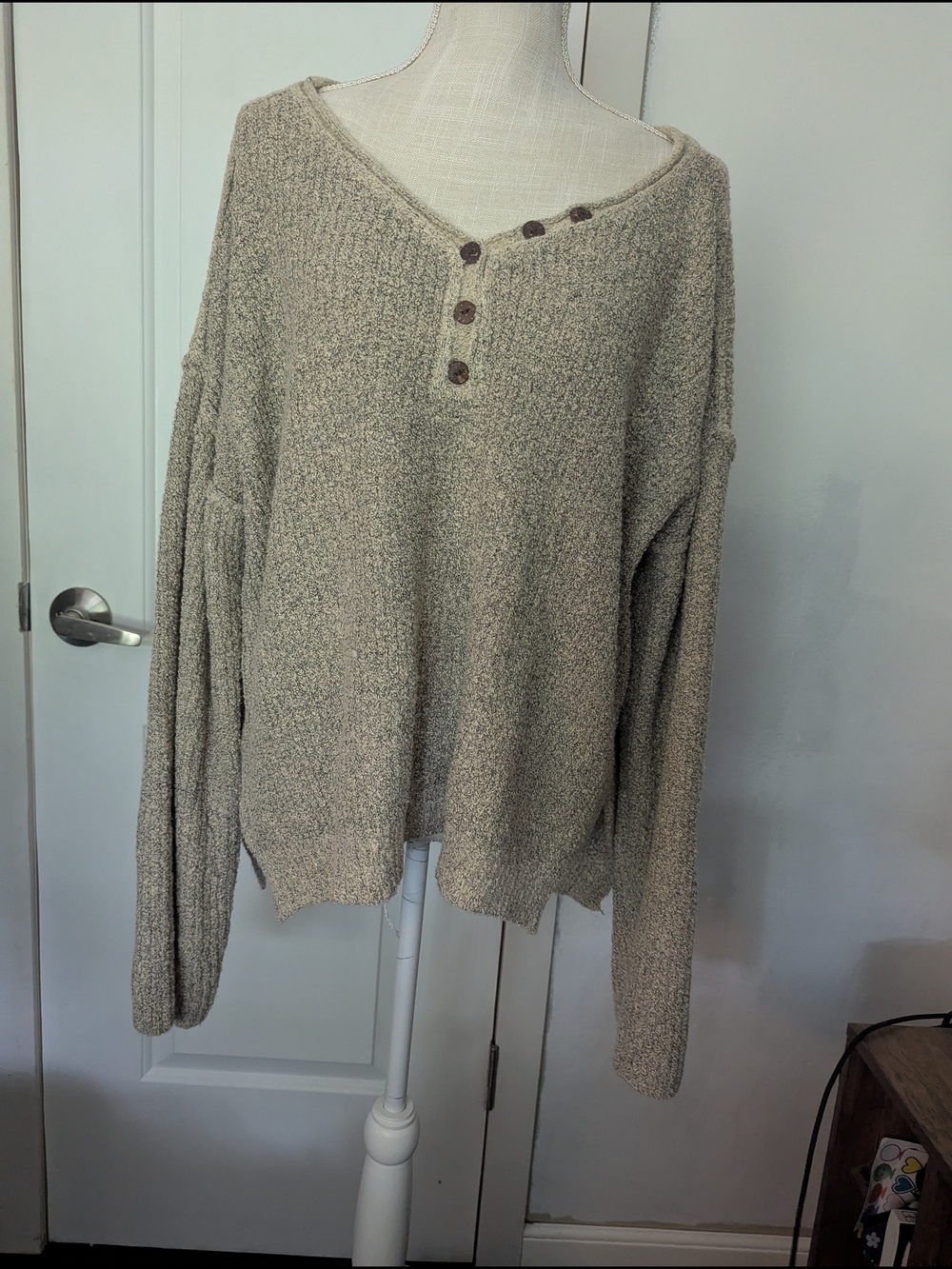 BiBi Neutral Marled Beige Henley Sweater
